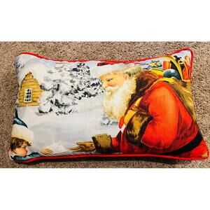 Vintage Christmas Pillow Red Santa Winter Village Pattern Big Size